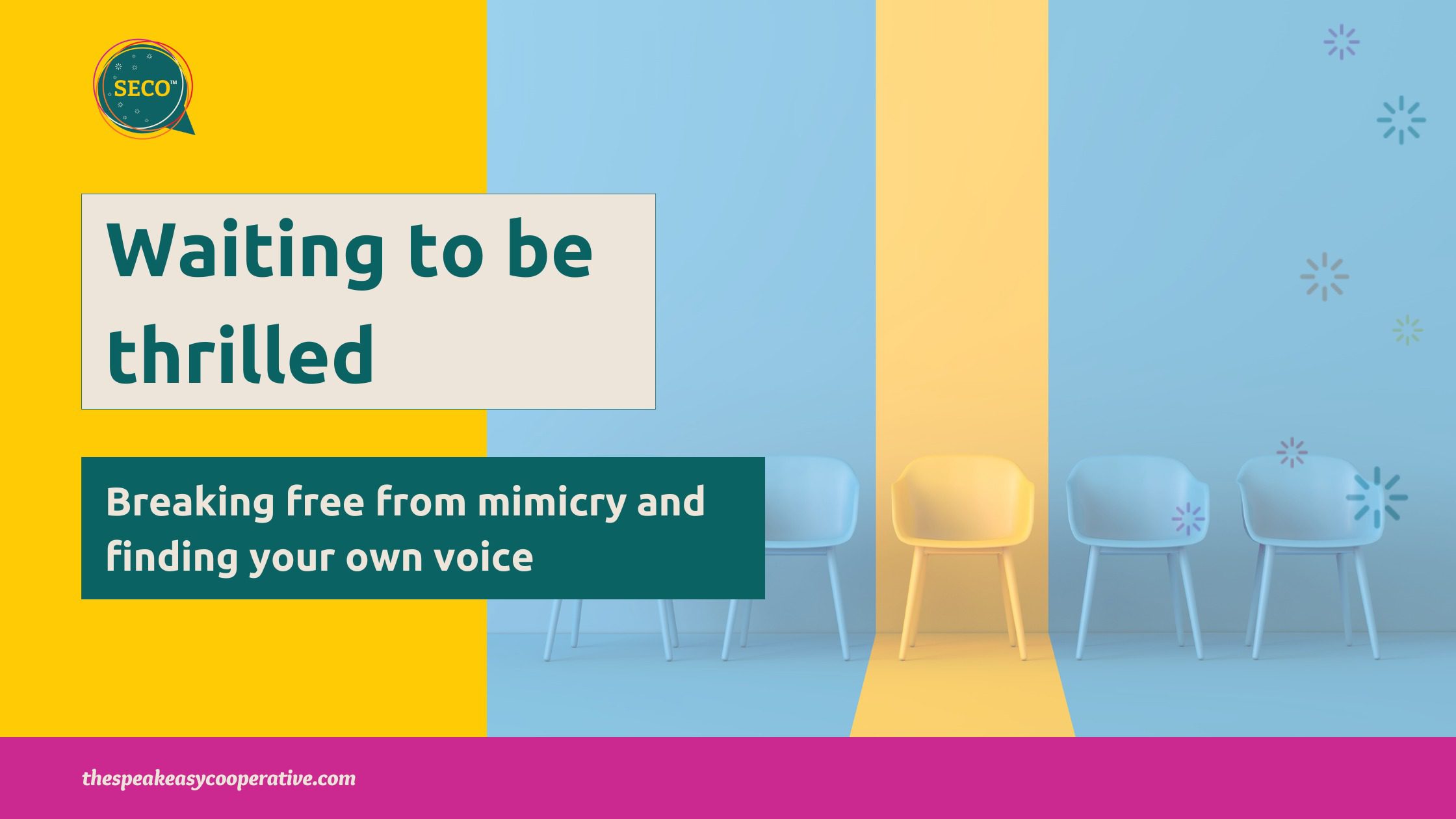 A line of blue chairs are up against a blue wall. A single chair stands out in the middle because it is yellow and that part of the wall has a yellow stripe down it to highlight the person that will sit in it.