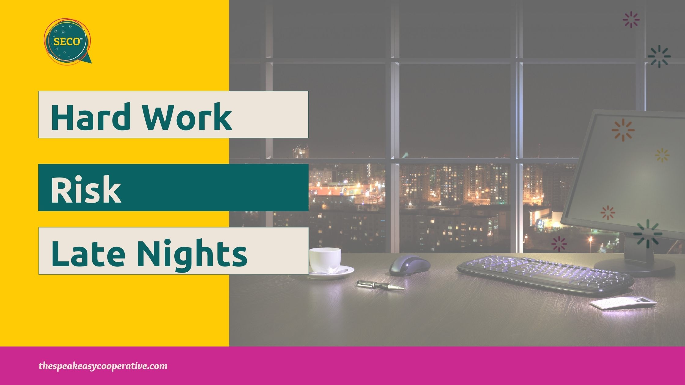 A computer is shut down on a desk late at night with the night landscape outside the window in the background.