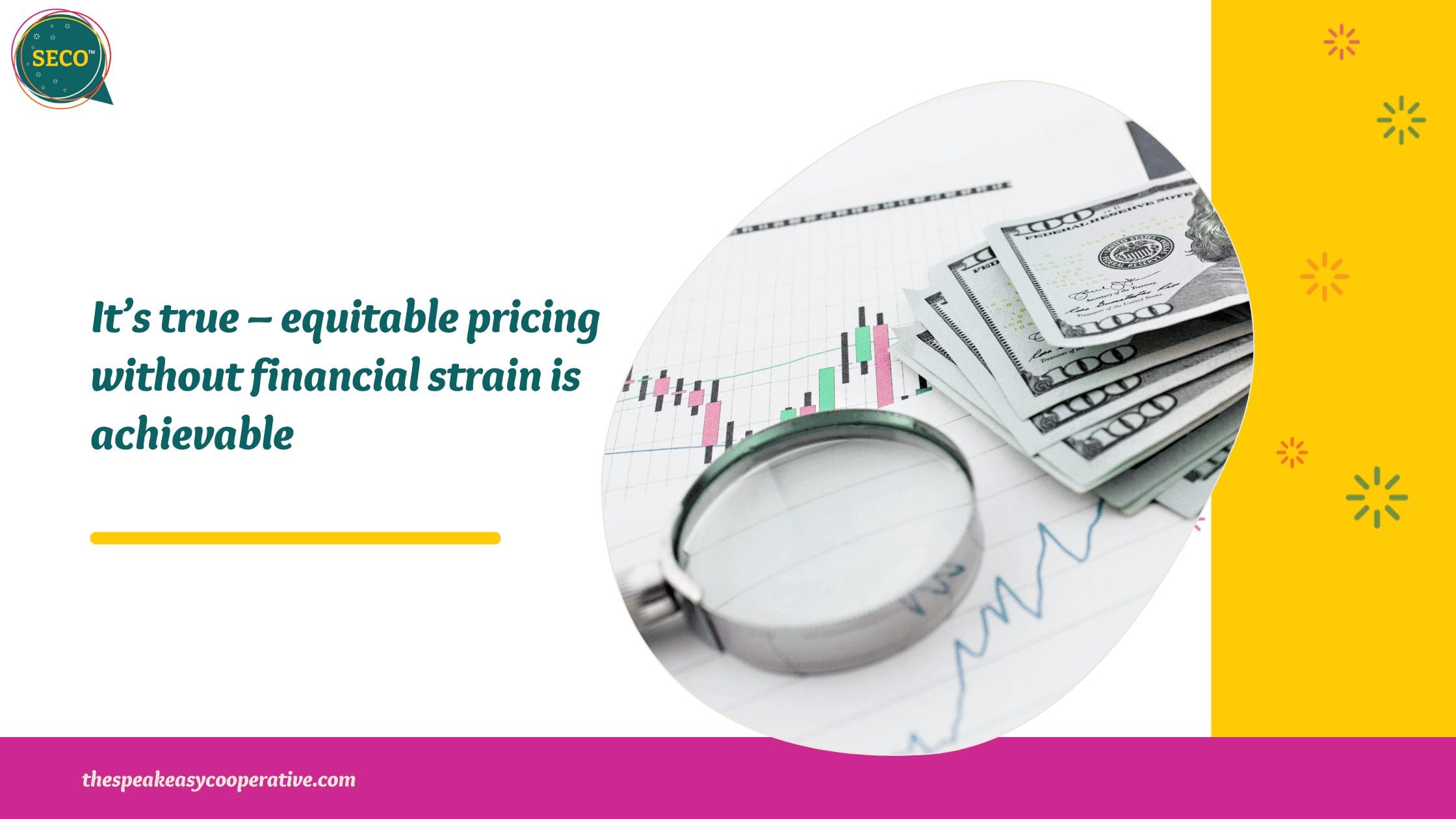 Featured image for blog: How to scale your business with ethical pricing strategies. A magnifying glass is placed on a scaling chart with a wad of hundred dollar bills.