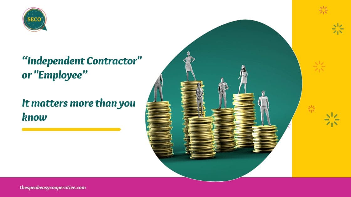 Coins stacked up with miniature models of employees standing on top with title Independent contractor or employee