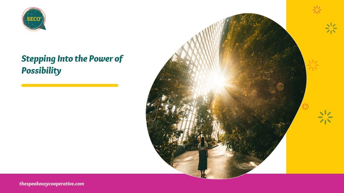 A woman looks up at the shining sun, representing the blog title, "Stepping Into the Power of Possibility".