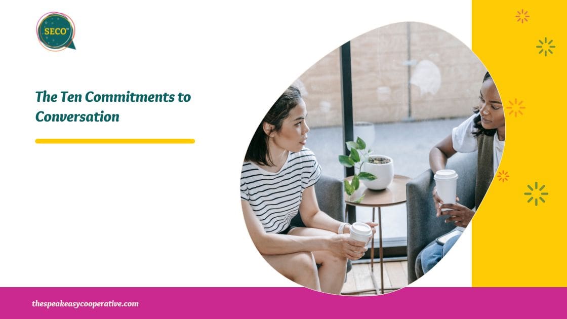 Two business women sitting down to have a honest, difficult conversation. The image reflects the blog topic of "The ten commitments to conversation".