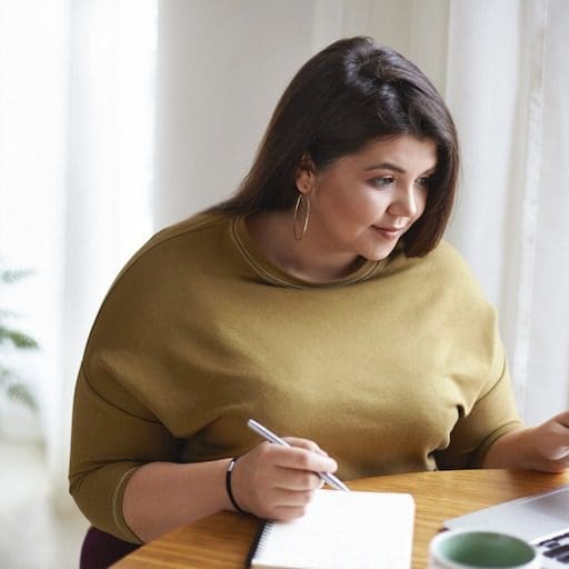 A big woman working on computer taking notes on paper