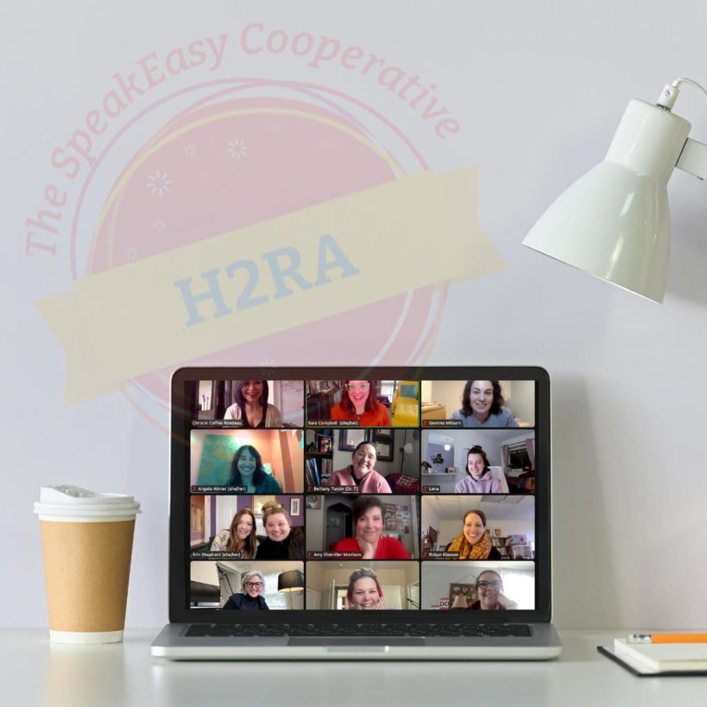 A notebook computer screen showing the How to Run cohort from 2022 meeting online via Zoom. The H2RA logo is on the wall as a backdrop.