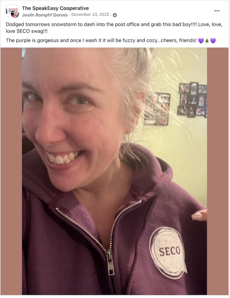 Joslin Romphf Dennis sporting her new SECO swag sweatshirt on Facebook.