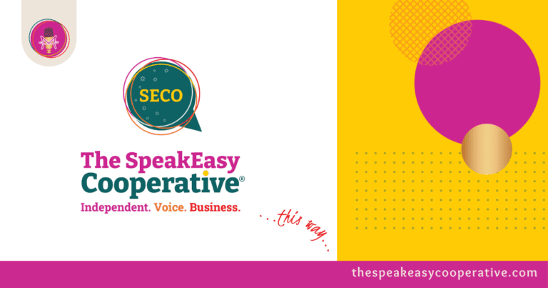The SpeakEasy Cooperative logo is a speech bubble with colorful rings that represent a community discussion. It says "SECO" in the middle, which is the abbreviation for The SpeakEasy Cooperative.