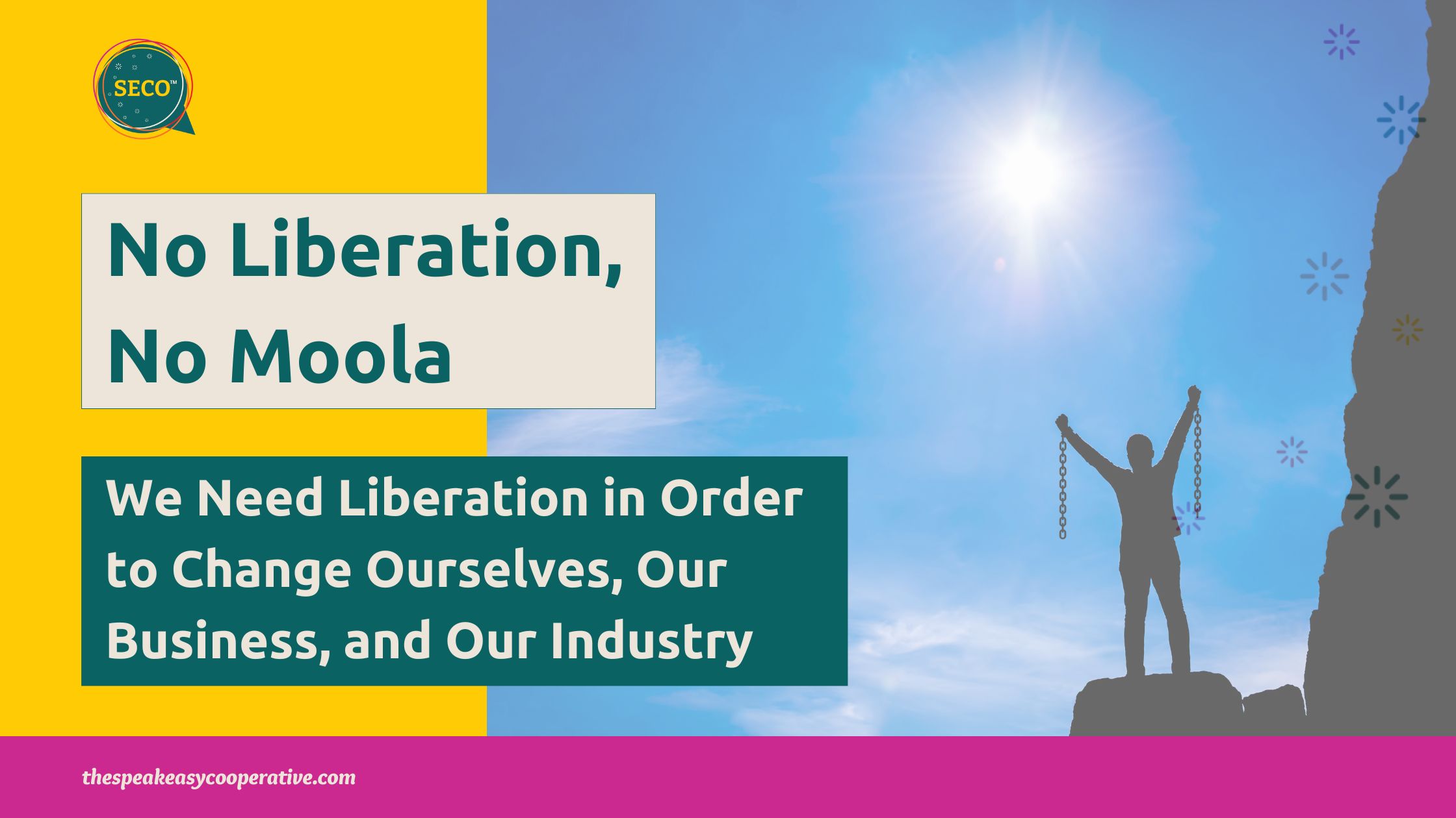 No liberation, no moola A person stands overlooking the cliff of a mountain holding broken chains to represent liberation.