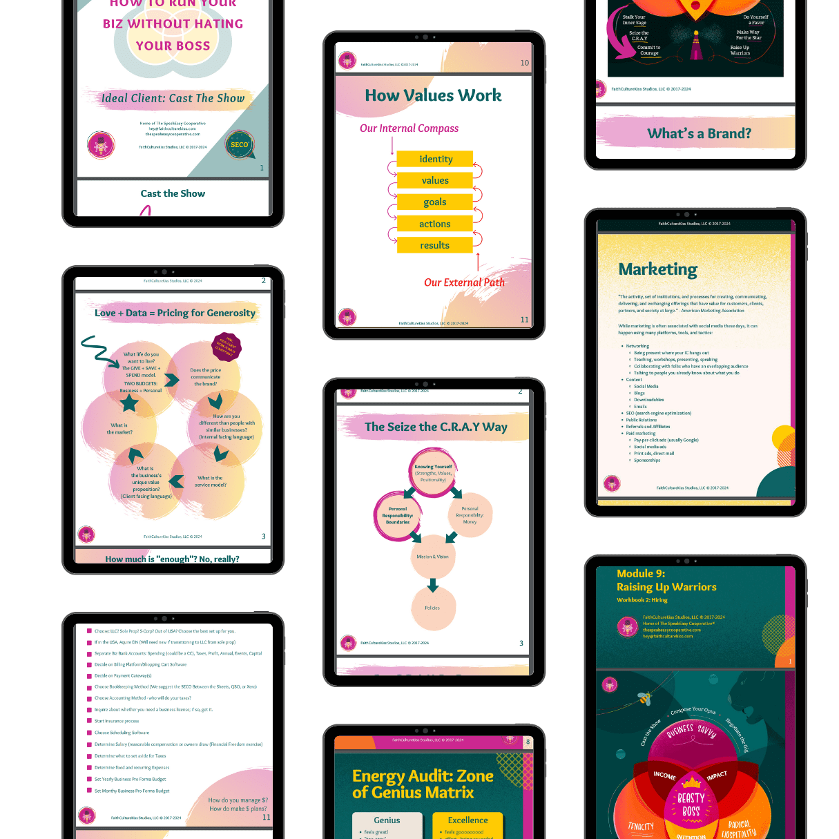 A collage of workbook pages that come with the H2RA program modules.