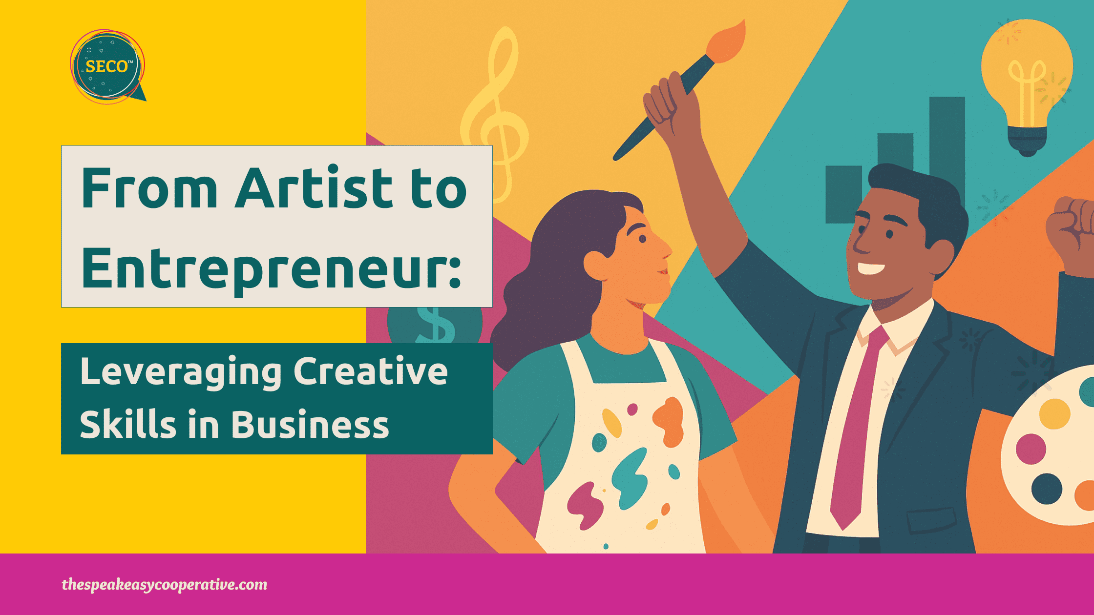 From Artist to Entrepreneur_ Leveraging Creative Skills in Business Featured image illustrating transferable skills for artists in business, showing an artist's journey to a successful entrepreneur holding a paintbrush.