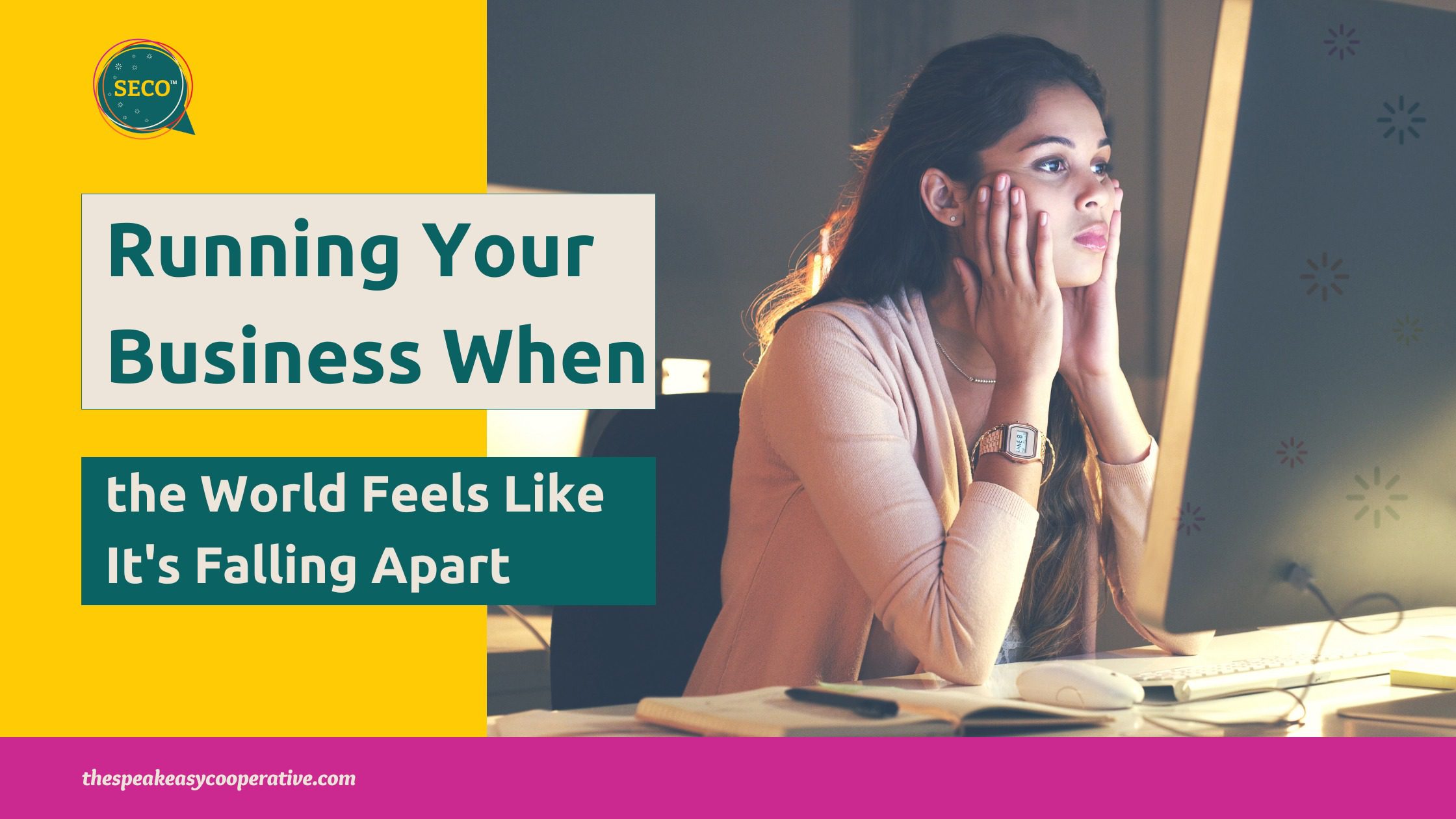 A photo illustrating the stress of running a business during crisis, showing an overwhelmed business owner at her computer late at night