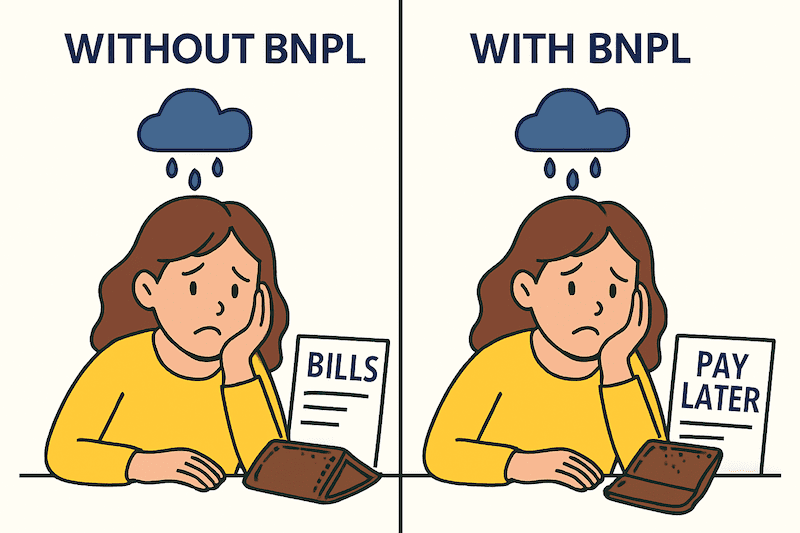 An illustration highlighting the risks of 'buy now, pay later' financial hardship. A two-panel comic shows that a person's stress is the same whether facing traditional 'Bills' or the 'Pay Later' notices that create BNPL debt.