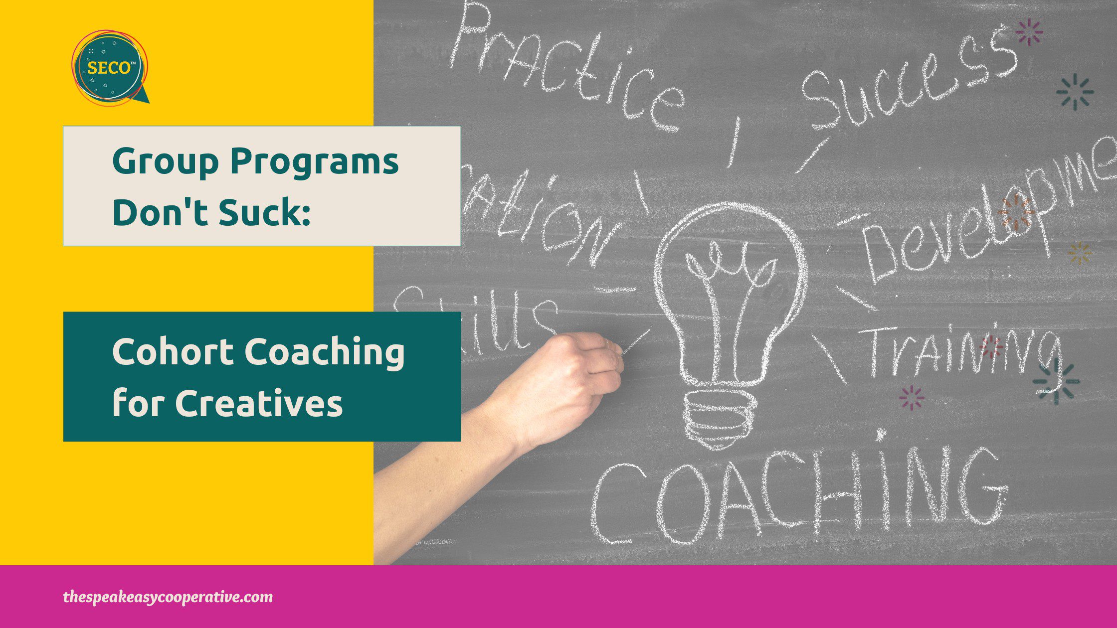 Featured image for cohort-based business coaching for creative entrepreneurs blog post — chalkboard lightbulb illustration with coaching and development.