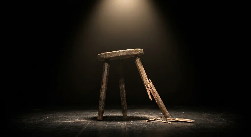 Broken three-legged stool under a spotlight symbolizing the structural instability of arts funding and the classical arts decline.