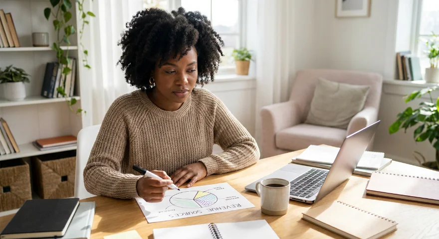Creative entrepreneur mapping diversified revenue streams at her desk, illustrating key business lessons from the classical arts decline.